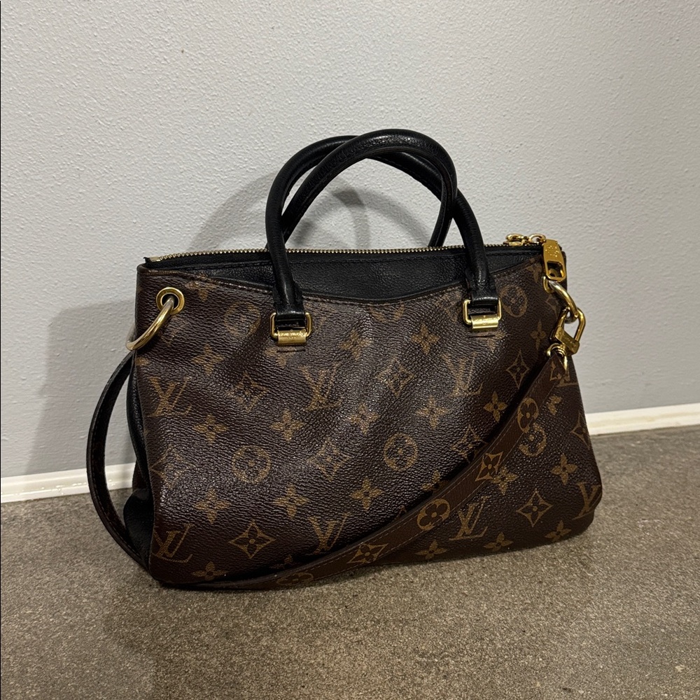 Louis Vuitton Brown Monogram Satchel with Black Trim and Gold Hardware